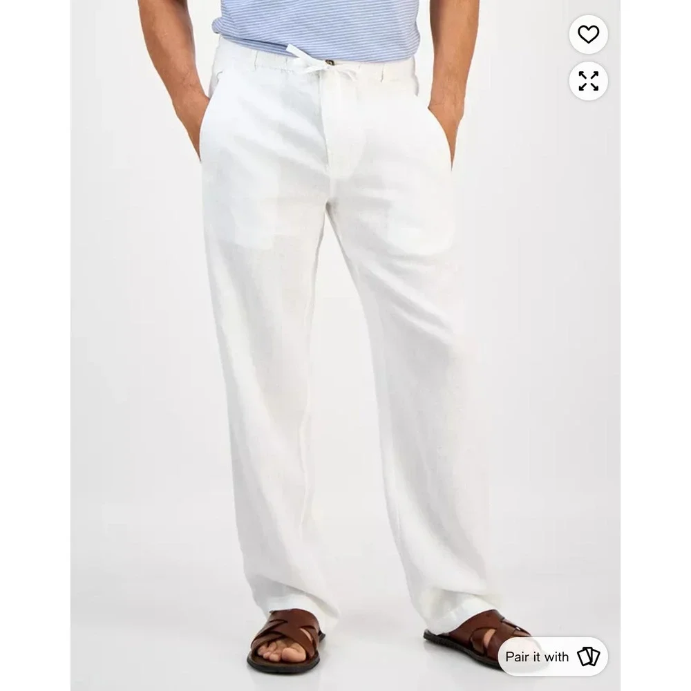 Club Room Luxury Mens XXL White 100% Linen Drawstring Elastic Waist Pants